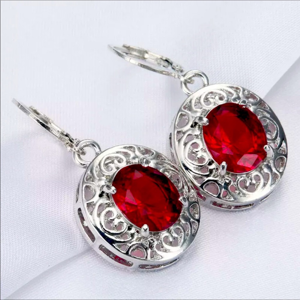New Elegant 925 Silver Drop Ruby Earrings